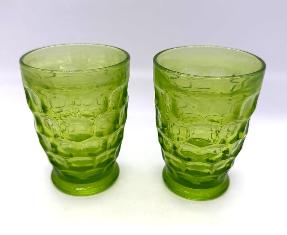 Vintage MCM Federal Glass Co Yorktown Set of 2 Green Thumbprint Juice Glasses